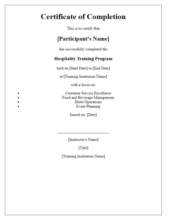 Letter template of completion certificate for hospitality training