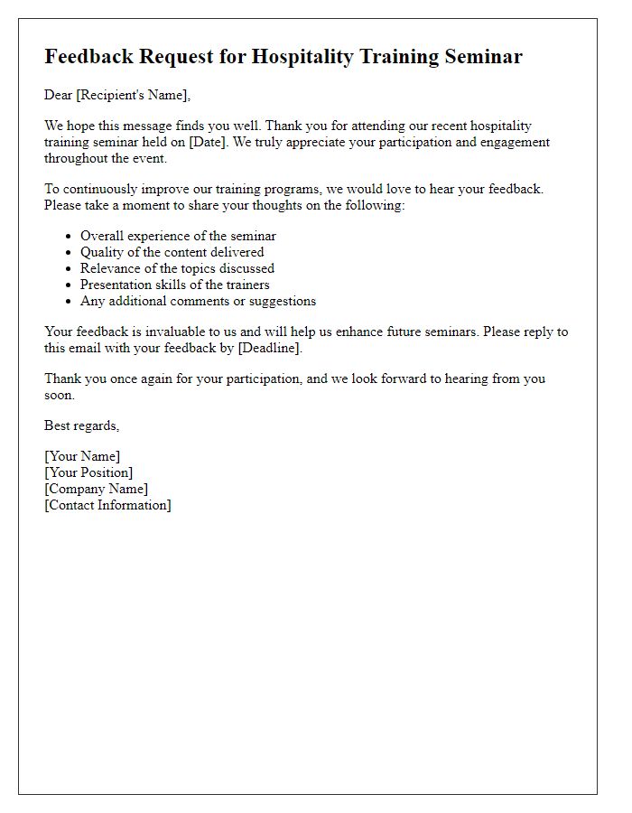 Letter template of feedback request after hospitality training seminar