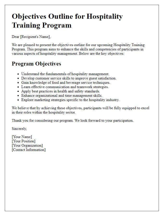 Letter template of objectives outline for hospitality training program