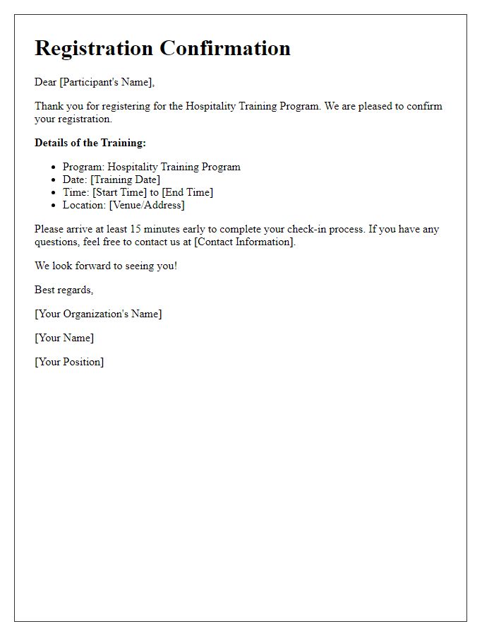 Letter template of registration confirmation for hospitality training