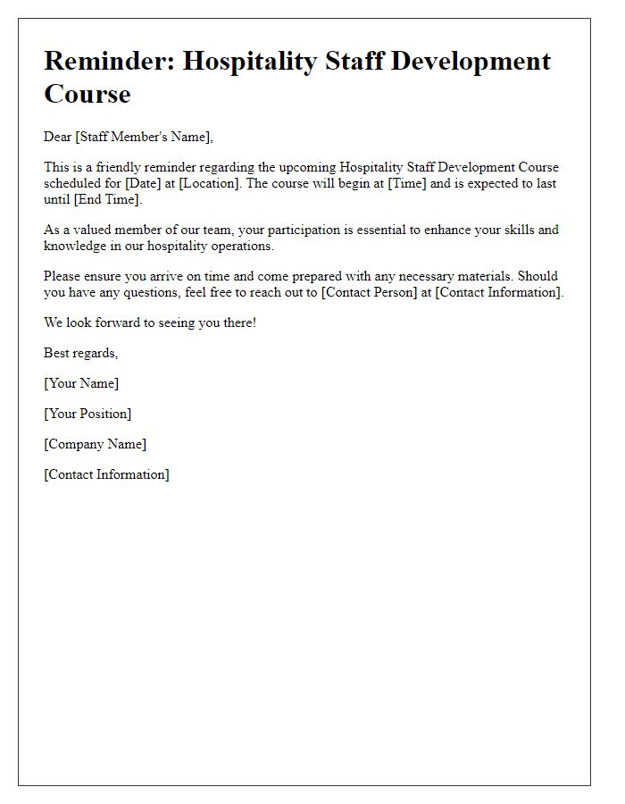 Letter template of reminder for hospitality staff development course