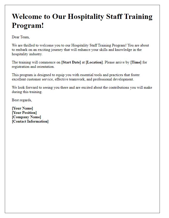 Letter template of welcome to hospitality staff training program