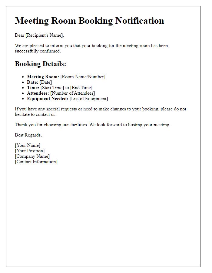 Letter template of Booking Notification for Meeting Room