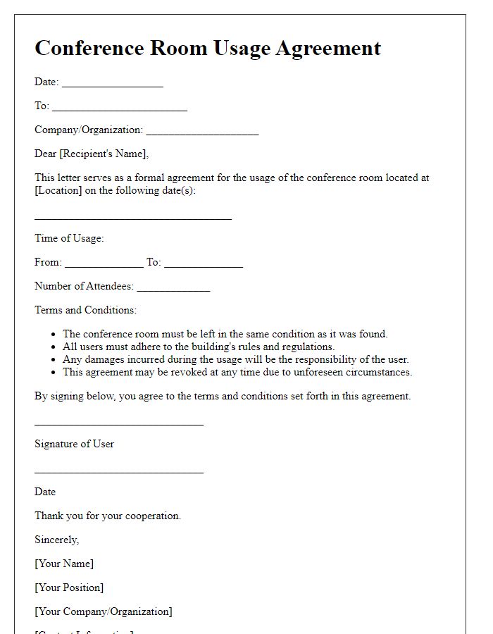 Letter template of Conference Room Usage Agreement