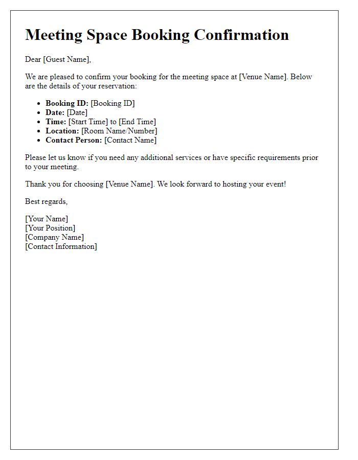 Letter template of Meeting Space Booking Confirmation