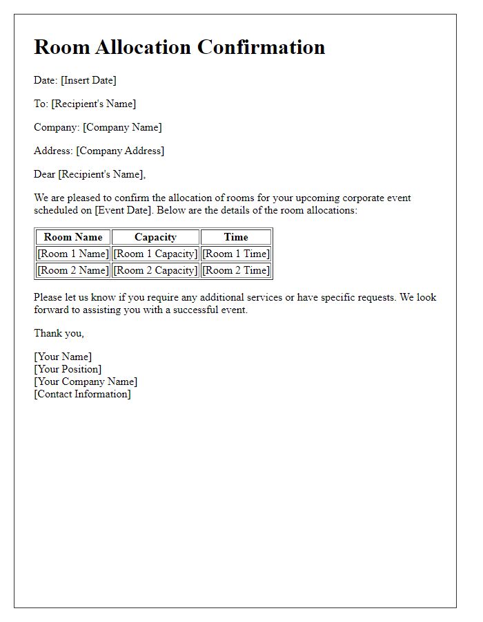 Letter template of Room Allocation for Corporate Event