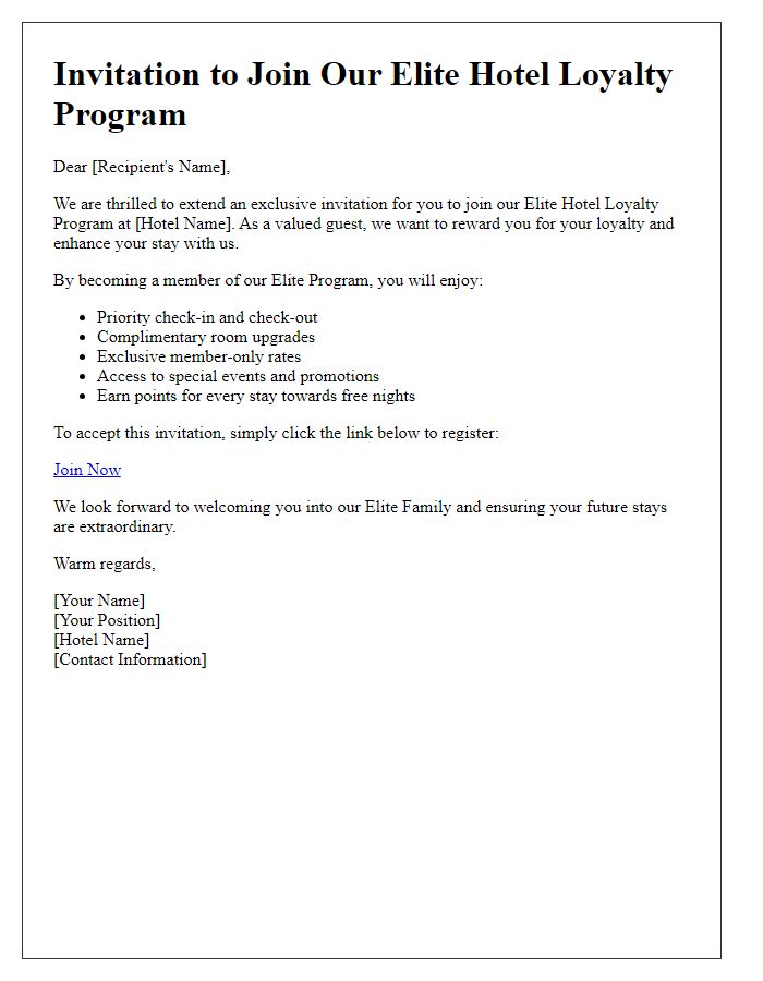 Letter template of invitation to join our elite hotel loyalty program