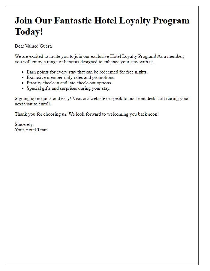 Letter template of join our fantastic hotel loyalty program today