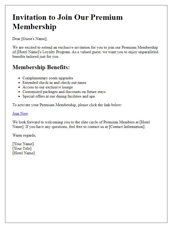 Letter template of premium membership invitation for hotel loyalty program