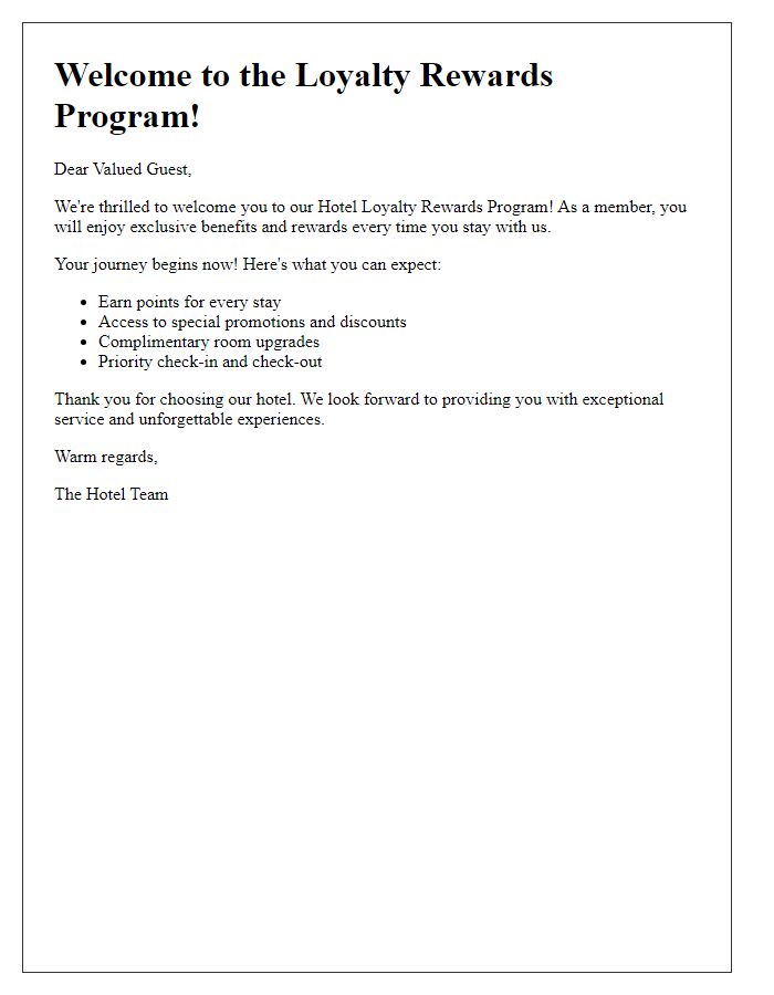 Letter template of welcome to our hotel loyalty rewards program