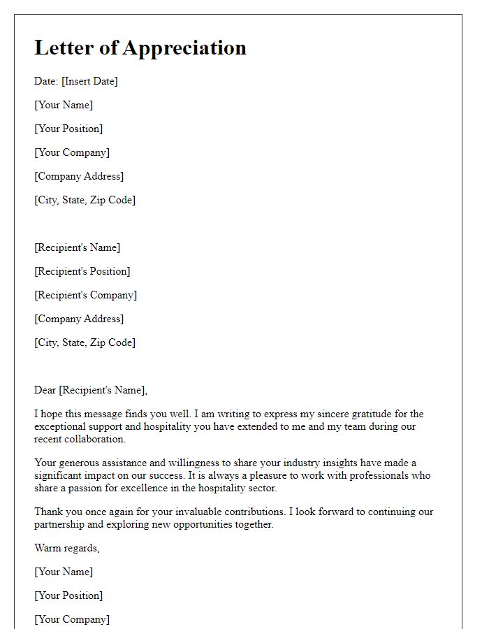 Letter template of appreciation for hospitality industry connections.