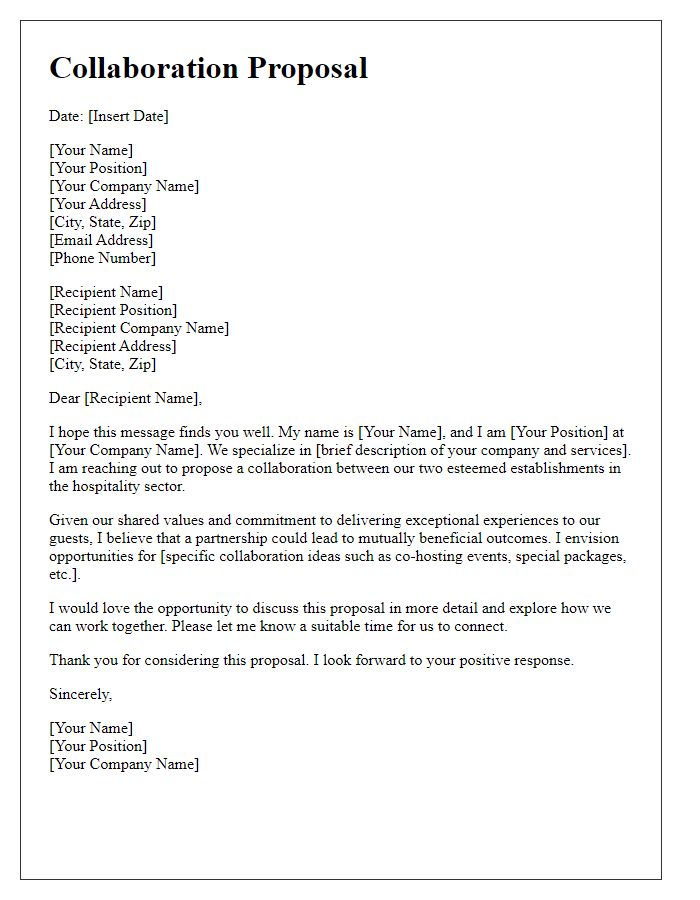 Letter template of collaboration proposal within the hospitality realm.