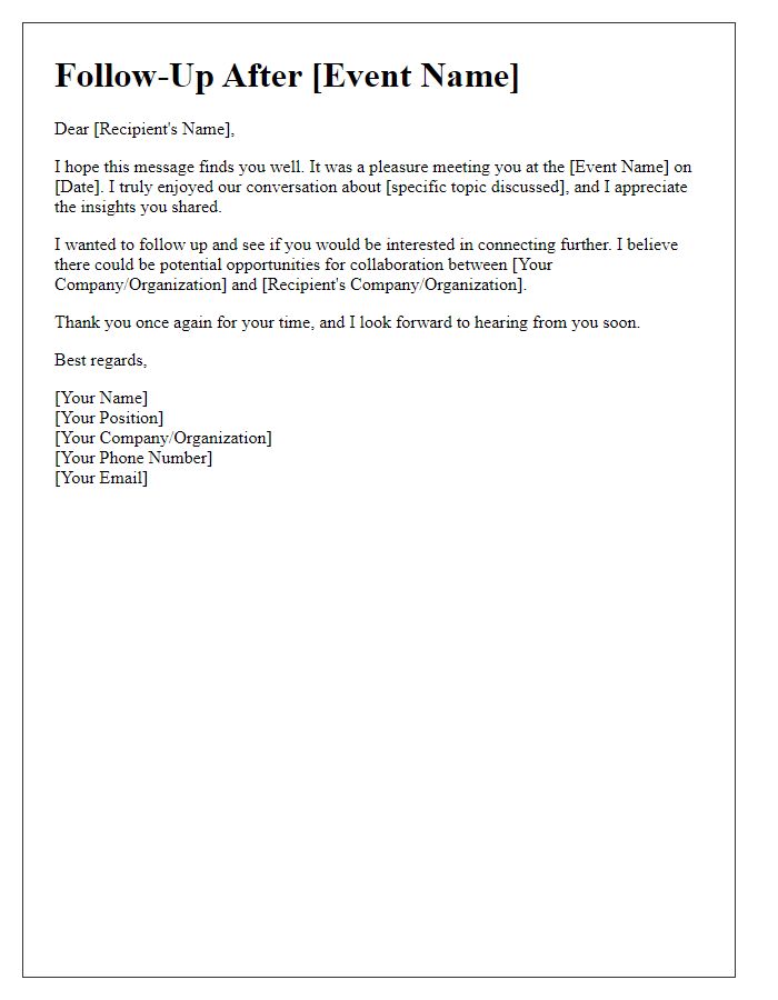 Letter template of follow-up after hospitality event networking.