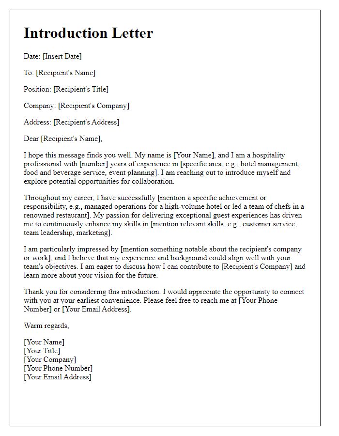 Letter template of introduction for hospitality professionals.