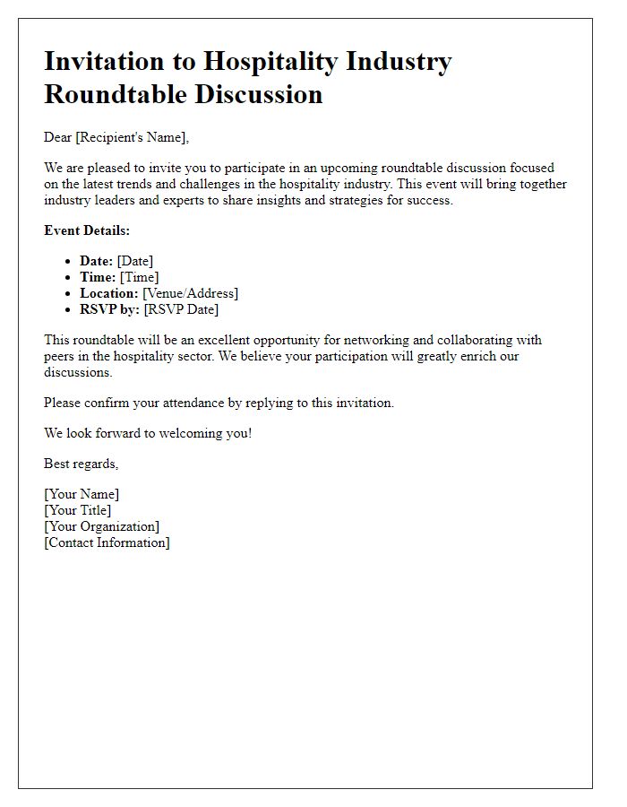 Letter template of invitation for a hospitality industry roundtable discussion.