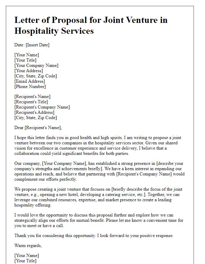 Letter template of proposal for a joint venture in hospitality services.