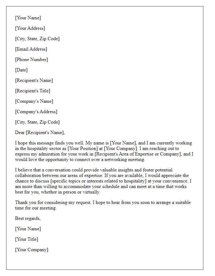 Letter template of request for networking meeting in the hospitality sector.