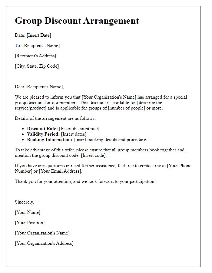 Letter template of organized group discount arrangement