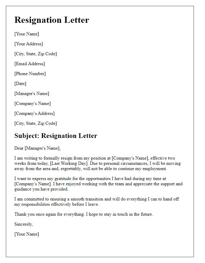 Letter template of resignation as a result of moving away