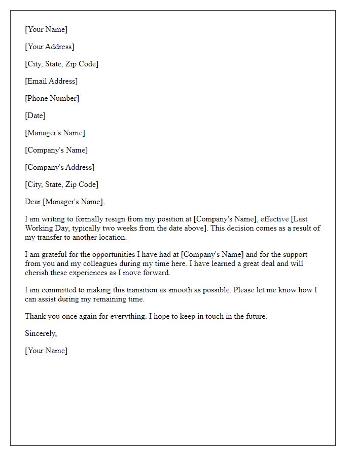 Letter template of resignation because of transfer to another location