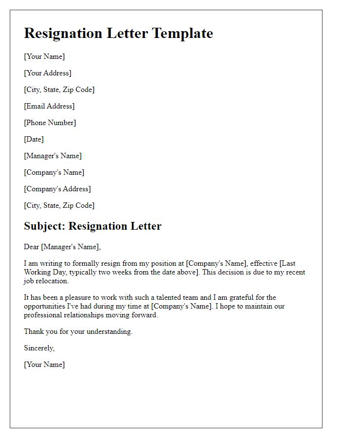 Letter template of resignation due to job relocation