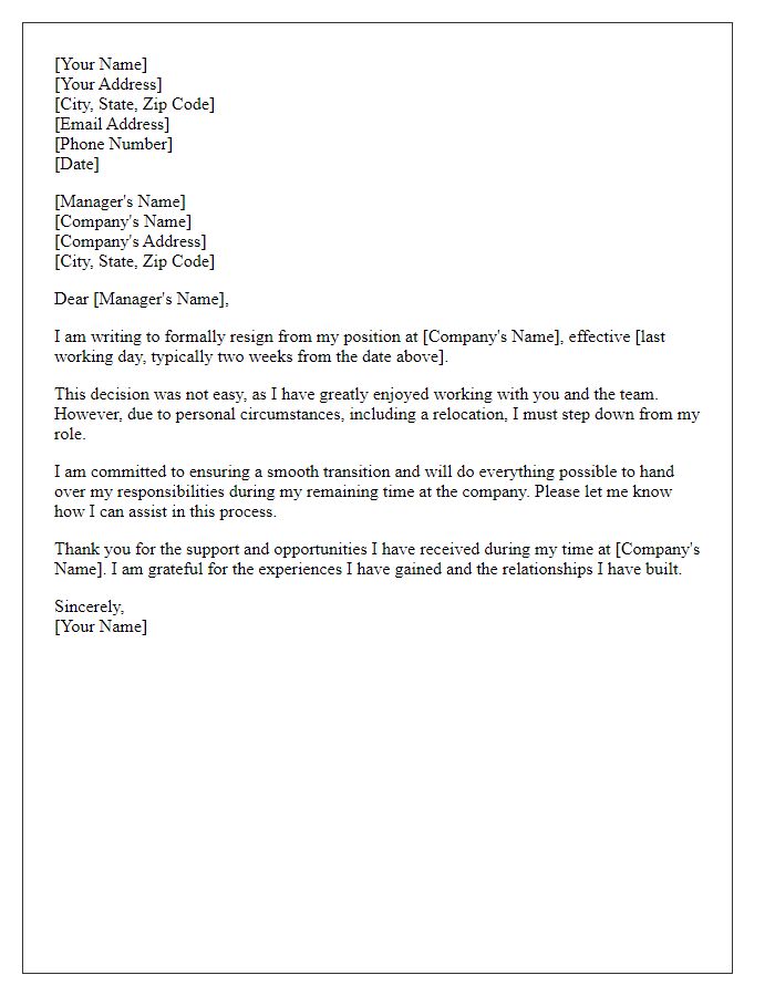 Letter template of resignation due to personal circumstances and relocation