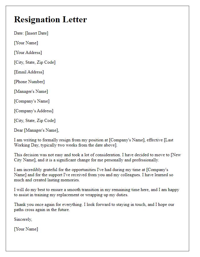 Letter template of resignation for moving to a new city