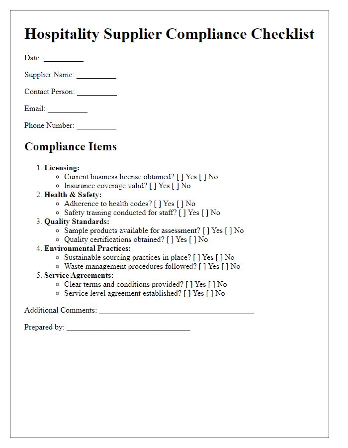 Letter template of hospitality supplier compliance checklist