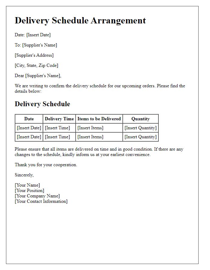 Letter template of hospitality supplier delivery schedule arrangement