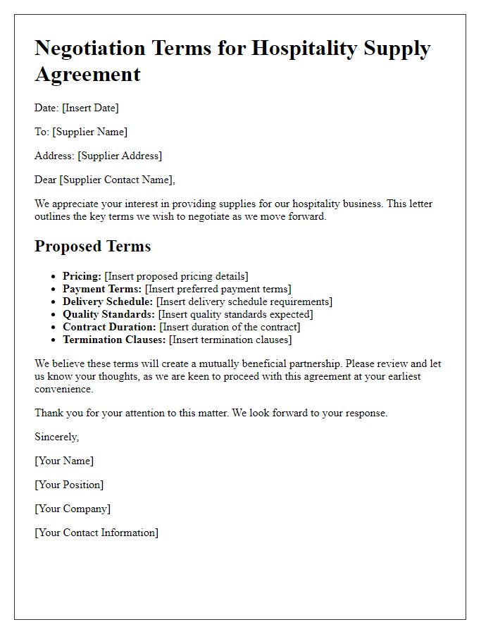 Letter template of hospitality supplier negotiation terms