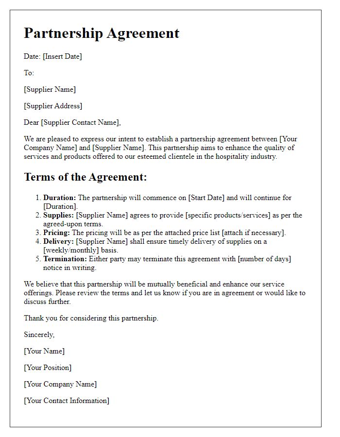 Letter template of hospitality supplier partnership agreement