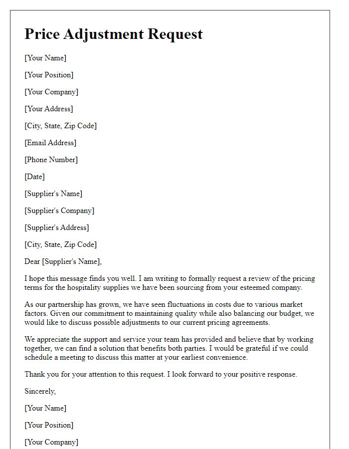 Letter template of hospitality supplier price adjustment request