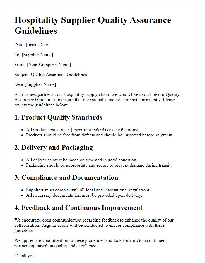 Letter template of hospitality supplier quality assurance guidelines