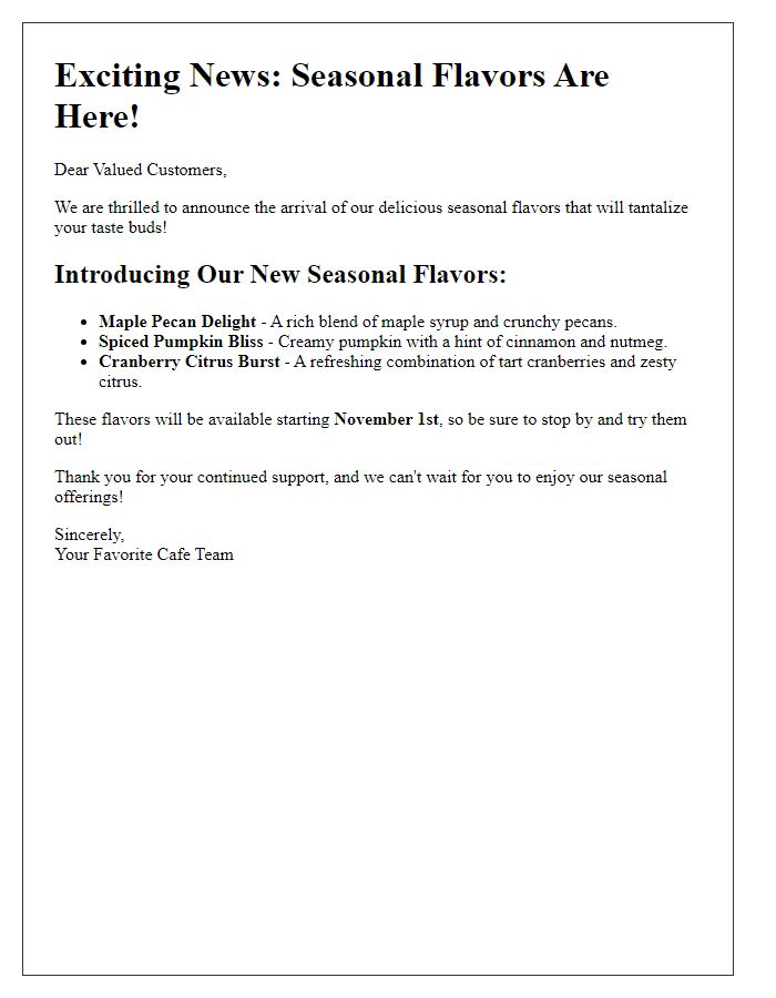 Letter template of seasonal flavors announcement