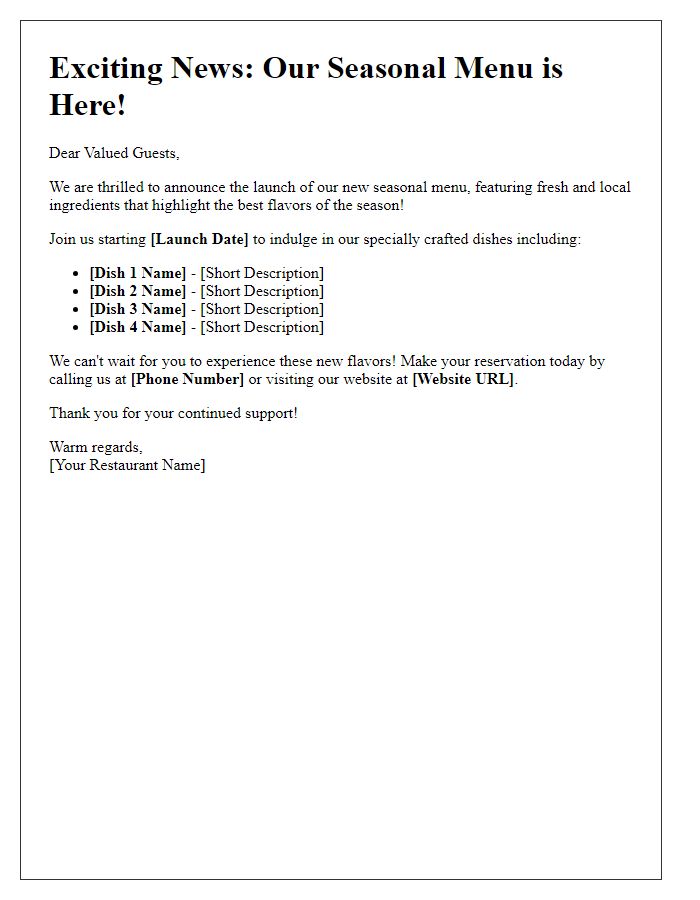 Letter template of seasonal menu launch notification