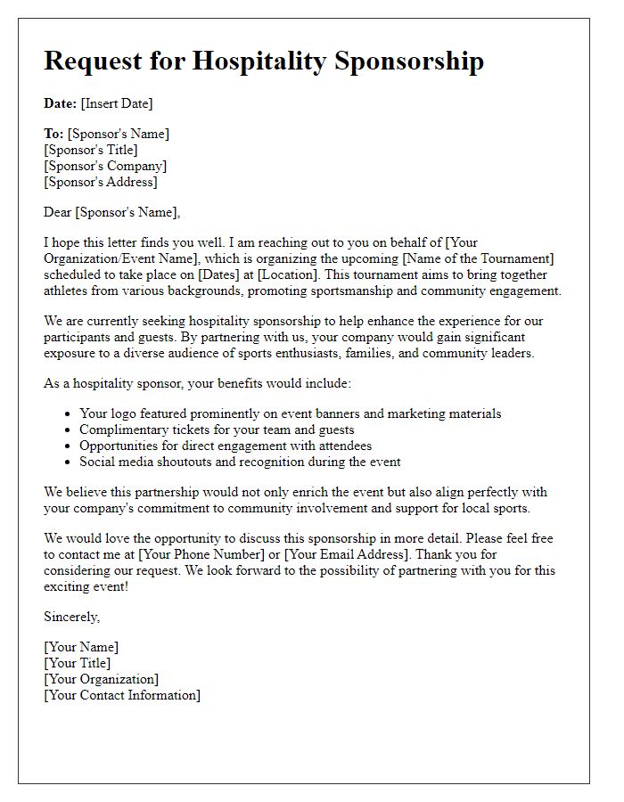 Letter template of hospitality sponsorship appeal for sports tournaments