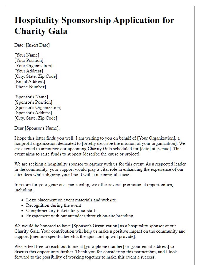 Letter template of hospitality sponsorship application for charity galas