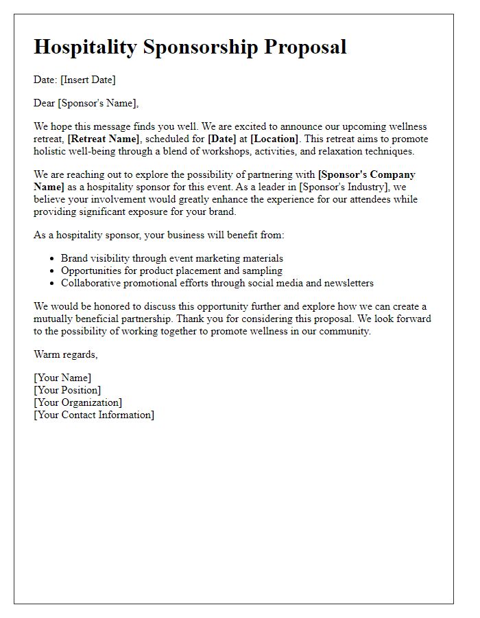 Letter template of hospitality sponsorship communication for wellness retreats