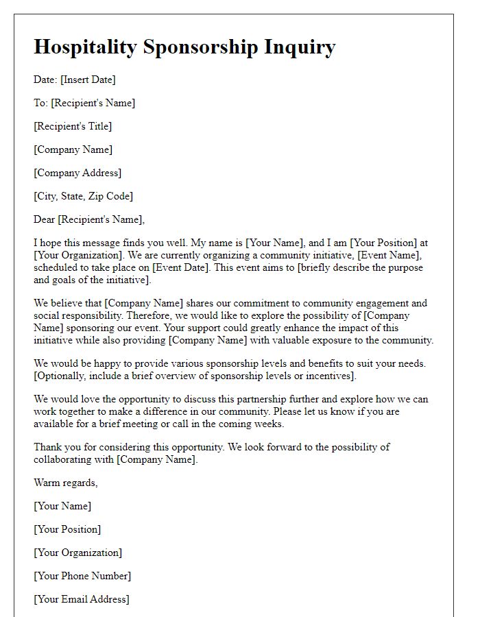 Letter template of hospitality sponsorship inquiry for community initiatives