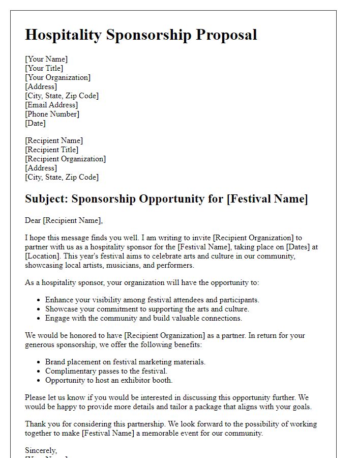 Letter template of hospitality sponsorship letter for arts and culture festivals