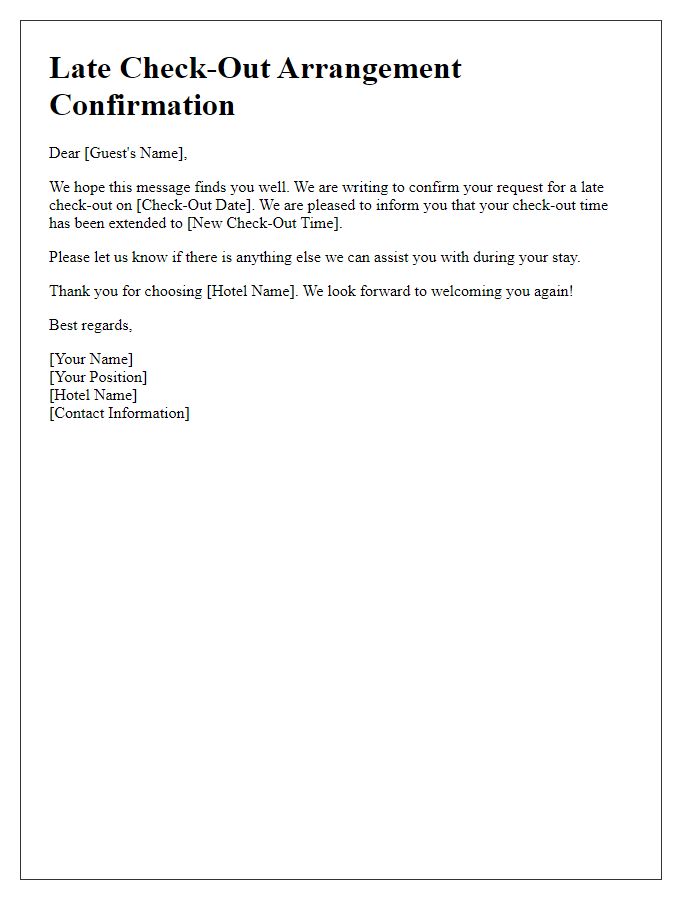 Letter template of late check-out arrangement confirmation