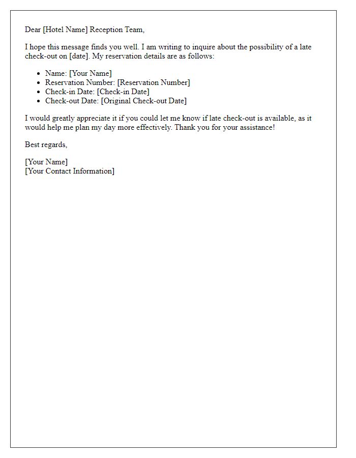 Letter template of late check-out availability inquiry