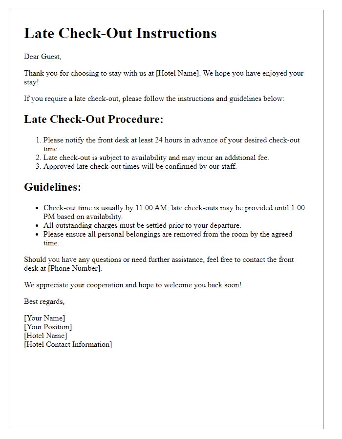 Letter template of late check-out instructions and guidelines