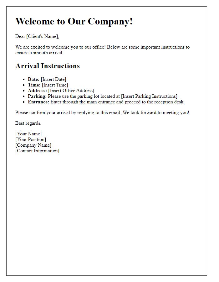 Letter template of arrival instructions for new clients.