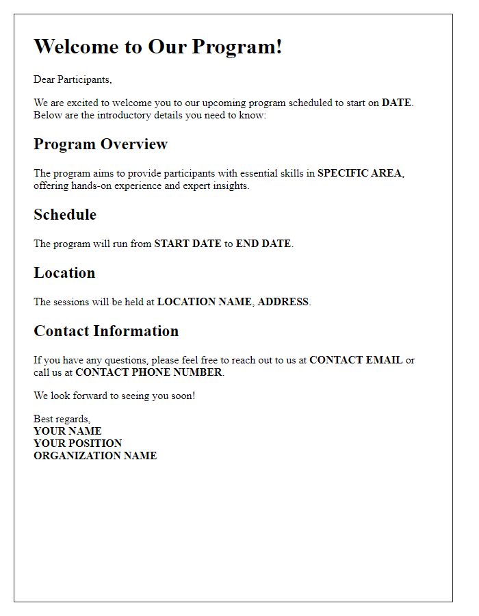 Letter template of introductory details for incoming participants.