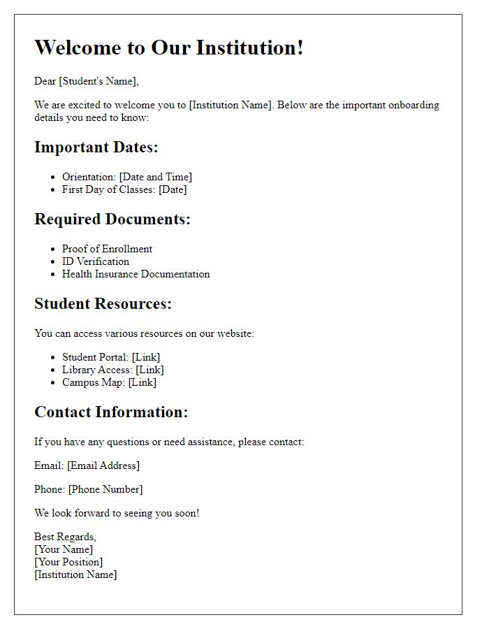 Letter template of onboarding details for new students.