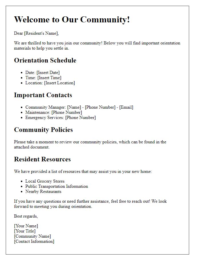 Letter template of orientation materials for new residents.