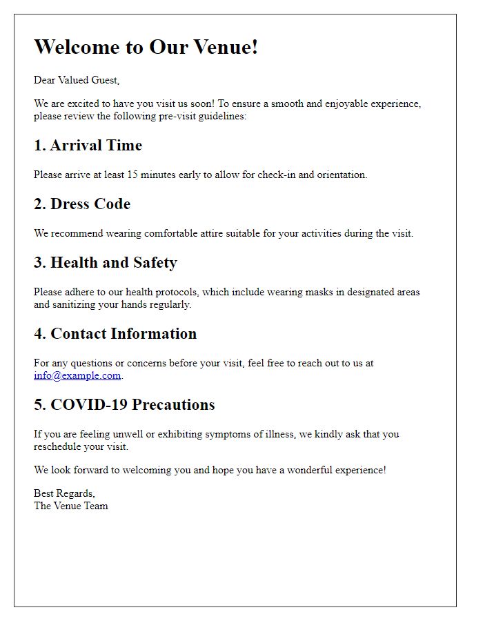 Letter template of pre-visit guidelines for guests.