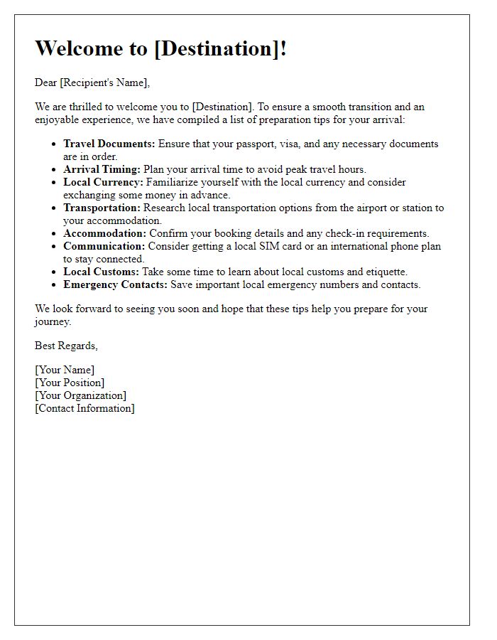 Letter template of preparation tips for first-time arrivals.