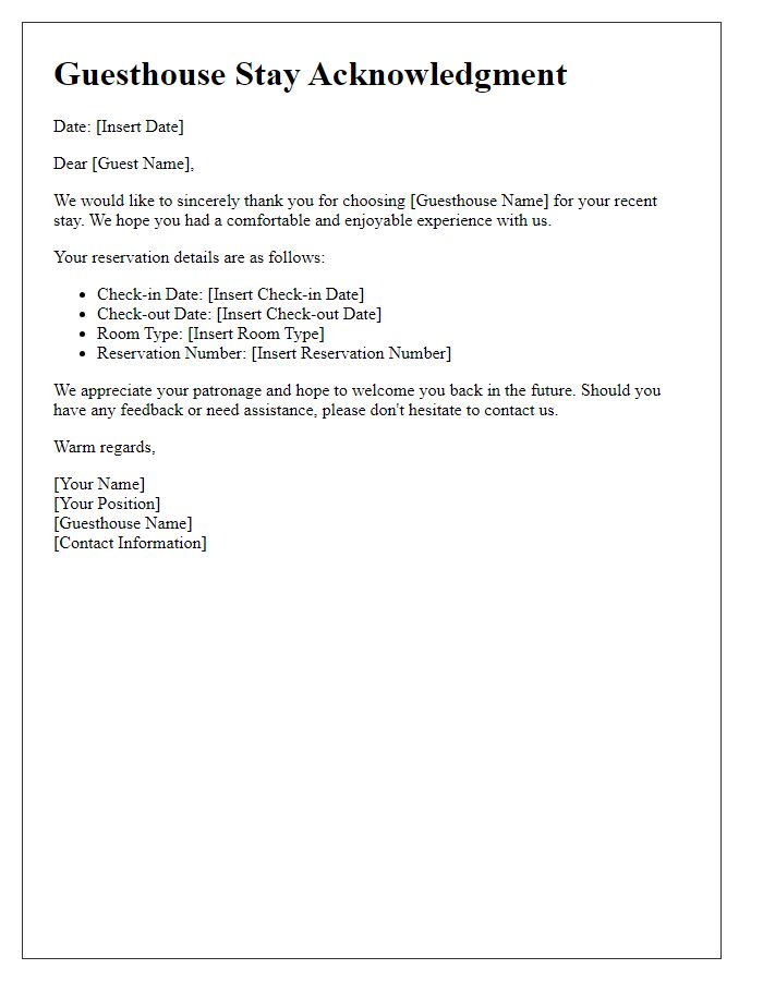 Letter template of acknowledgment for a guesthouse stay